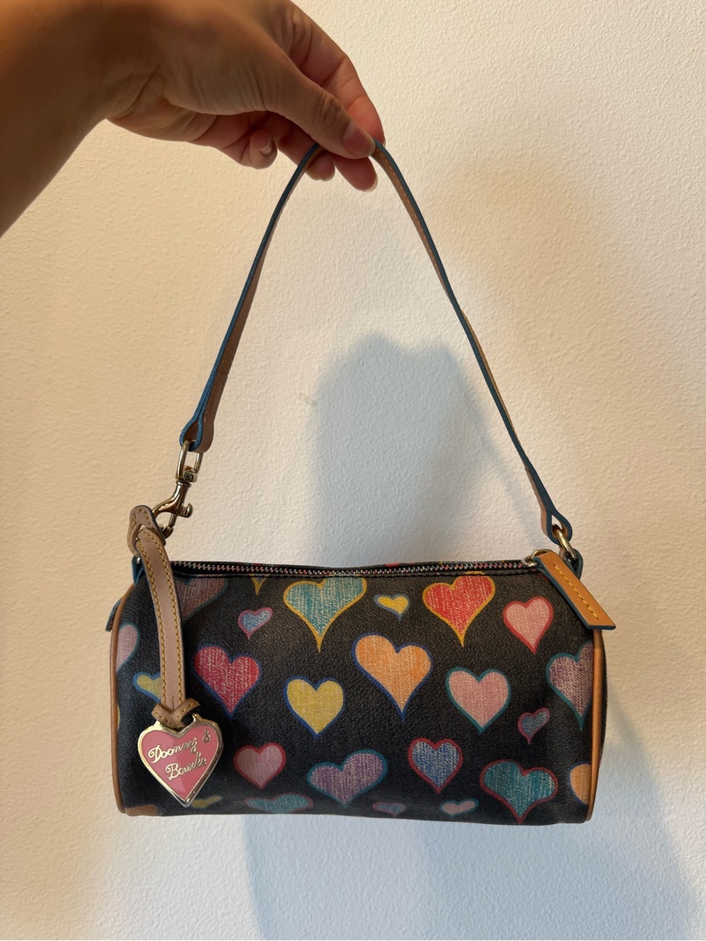 Dooney & Bourke Black Mini Barrel Bag with Multicolor Hearts